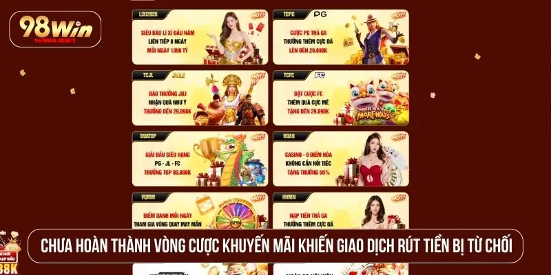 98WIN Có Giam Tiền Người Chơi Không? Sự Thật Cần Biết Chưa hoàn thành vòng cược khuyến mãi khiến giao dịch rút tiền bị từ chối