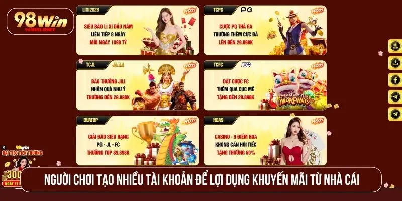 Nền Tảng 98WIN Có Uy Tín Không? Đánh Giá Toàn Diện Người chơi tạo nhiều tài khoản để lợi dụng khuyến mãi từ nhà cái